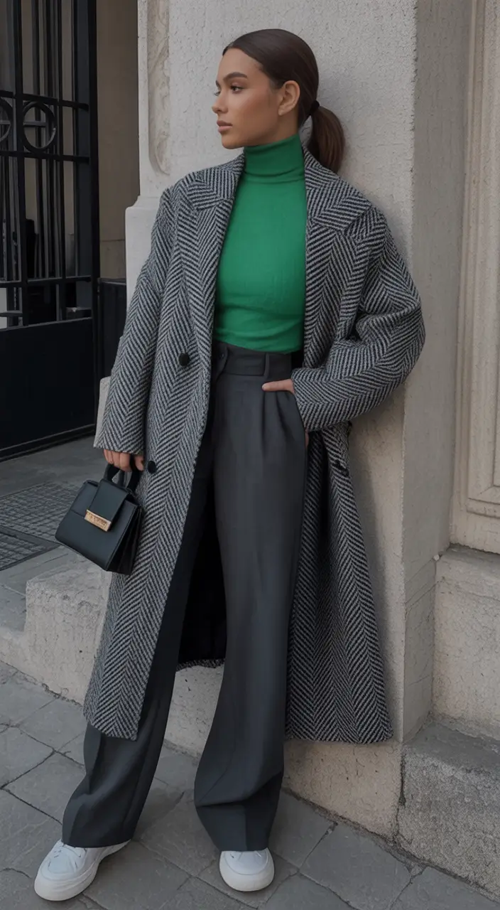 everyday fall outfits Grey Elegance with a Pop of Green