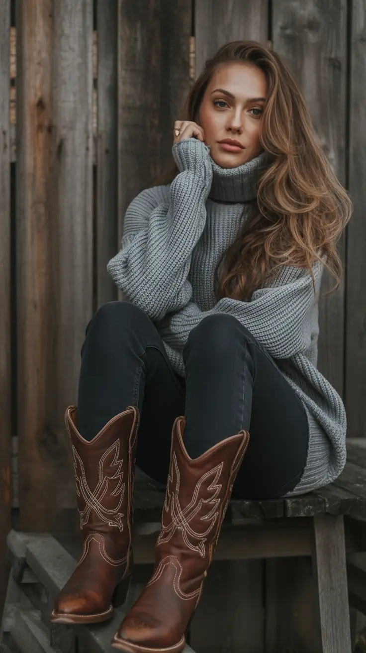 everyday fall outfits Western Knit and Cowboy Boots