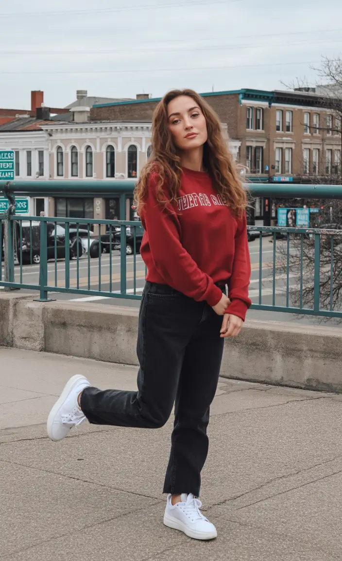 everyday fall outfits Collegiate Red and Black Denim