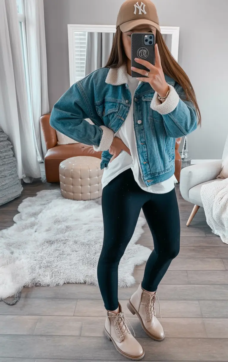 everyday fall outfits Denim Jacket with Leggings and Boots