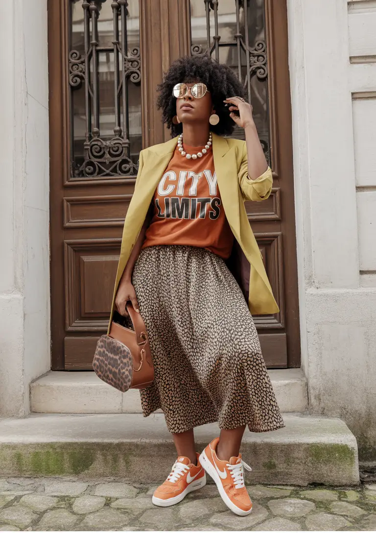 everyday fall outfits Statement Skirt with Sporty Sneakers