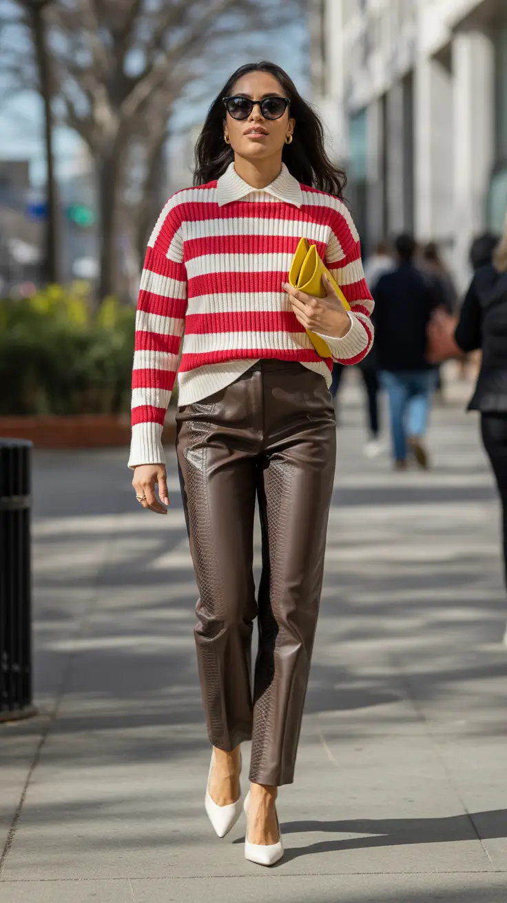 everyday fall outfits Striped Knit and Leather Trousers