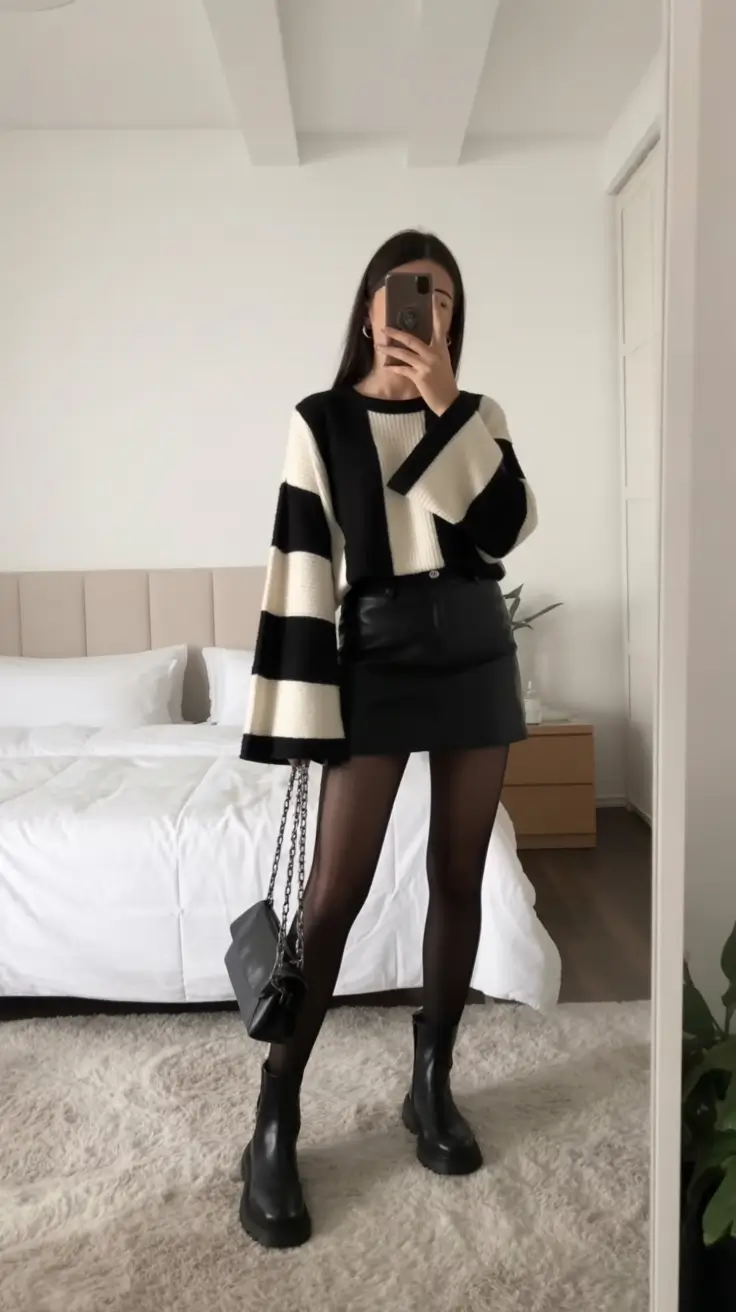 everyday fall outfits Striped Drama with a Mini Skirt
