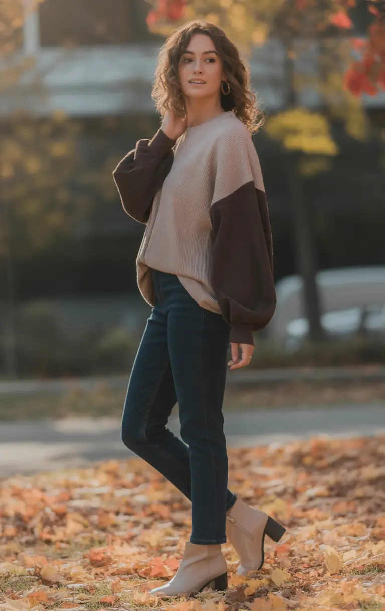 everyday fall outfits Block-Sleeve Knit and Dark Denim