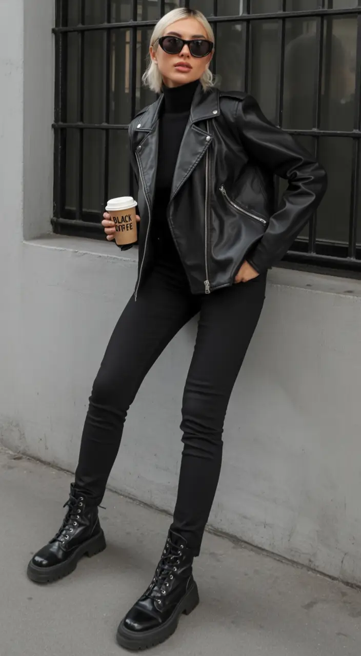 fall fashion outfits 2025 All-Black Motorcycle Minimalism