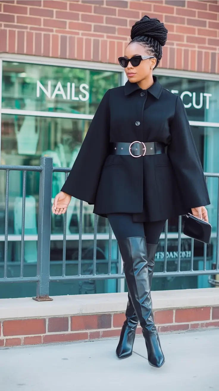 fall fashion outfits 2025 Cape Drama in Black