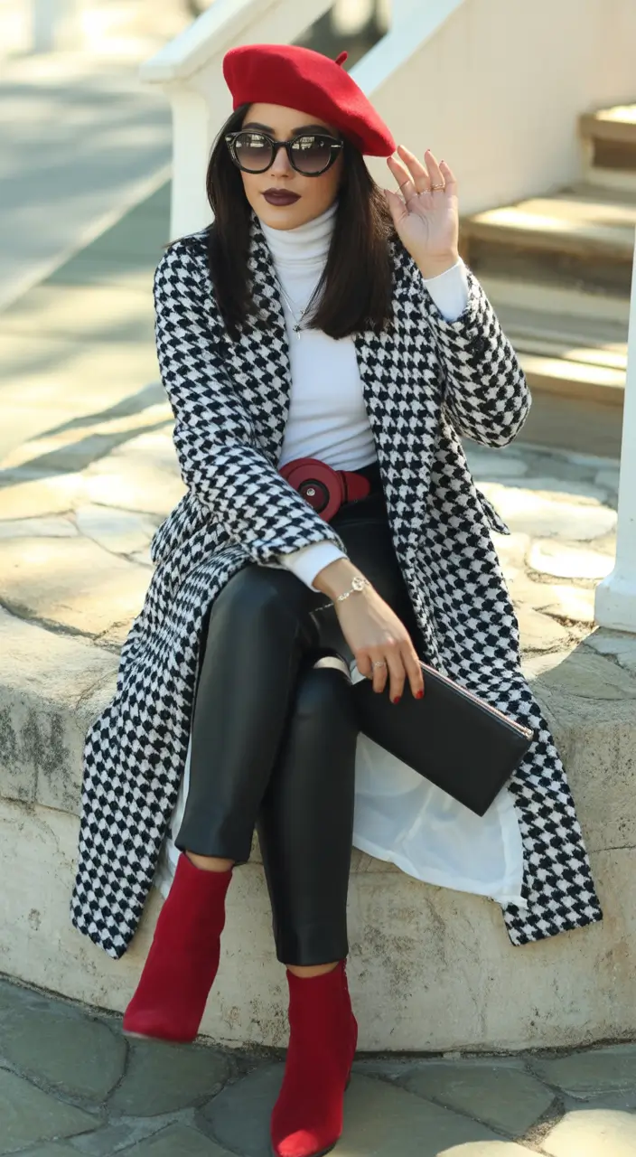 fall fashion outfits 2025 Parisian Twist in Red & Houndstooth