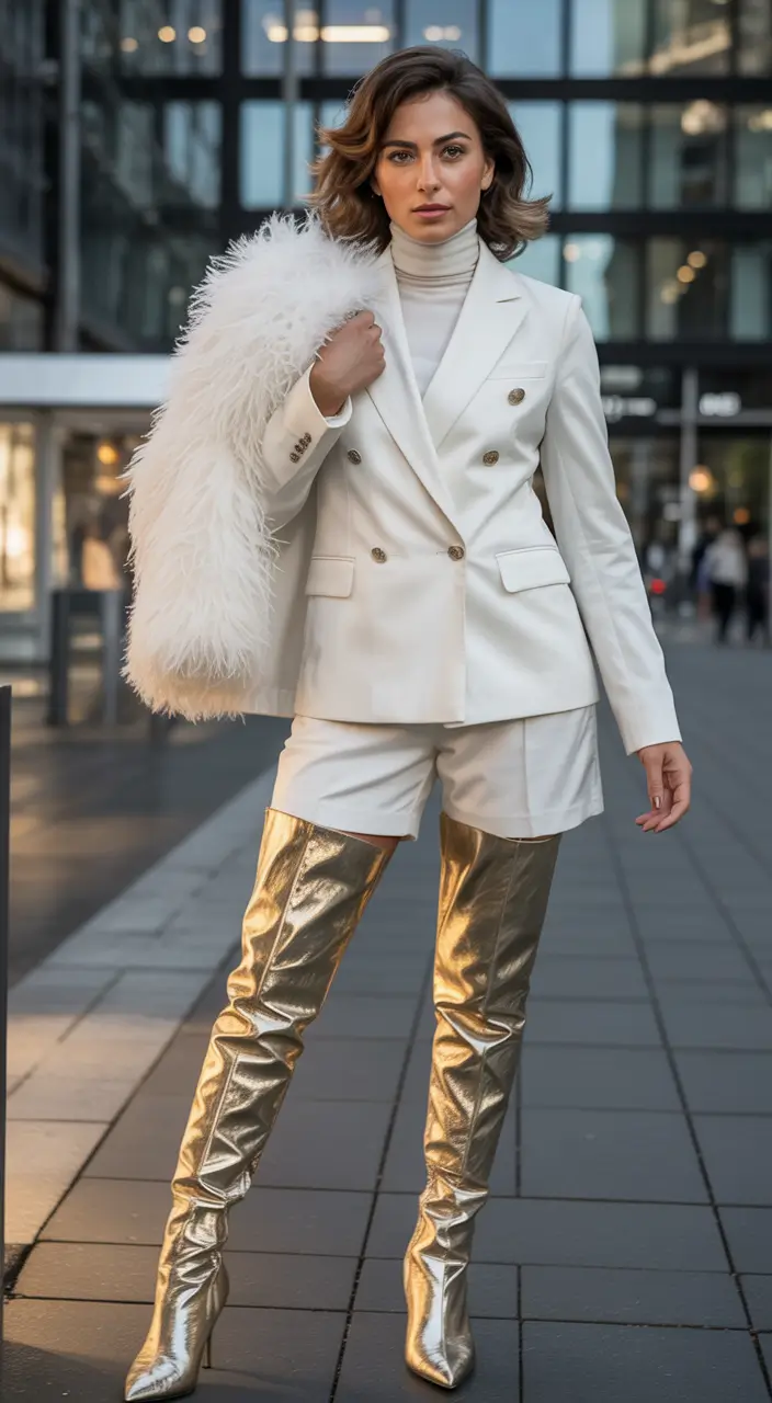 fall fashion outfits 2025 White Suit & Golden Boots Statement