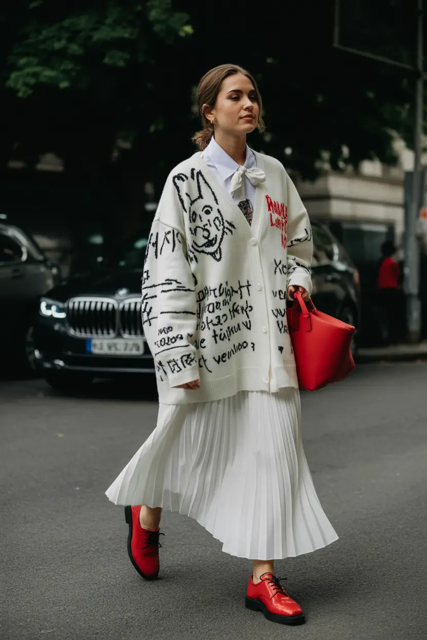 fall fashion outfits 2025 Graphic Meets Classic Pleats