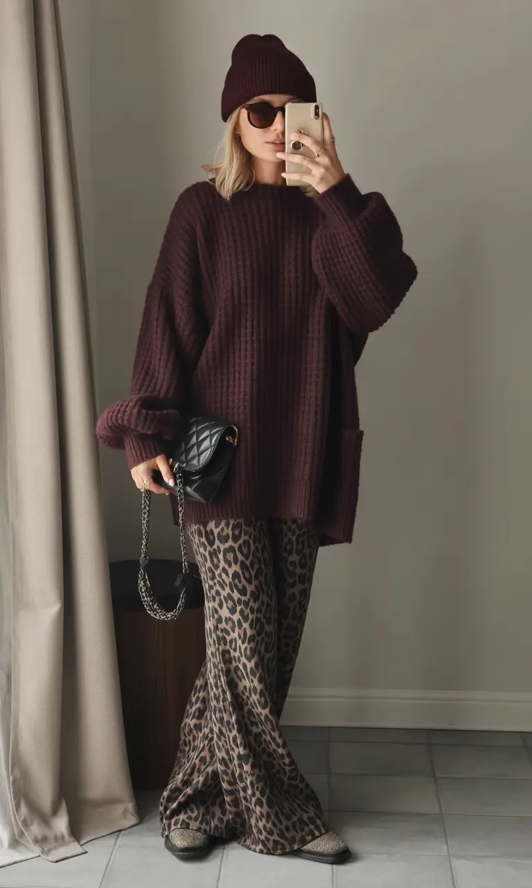 fall fashion outfits 2025 Cozy Burgundy & Leopard Play