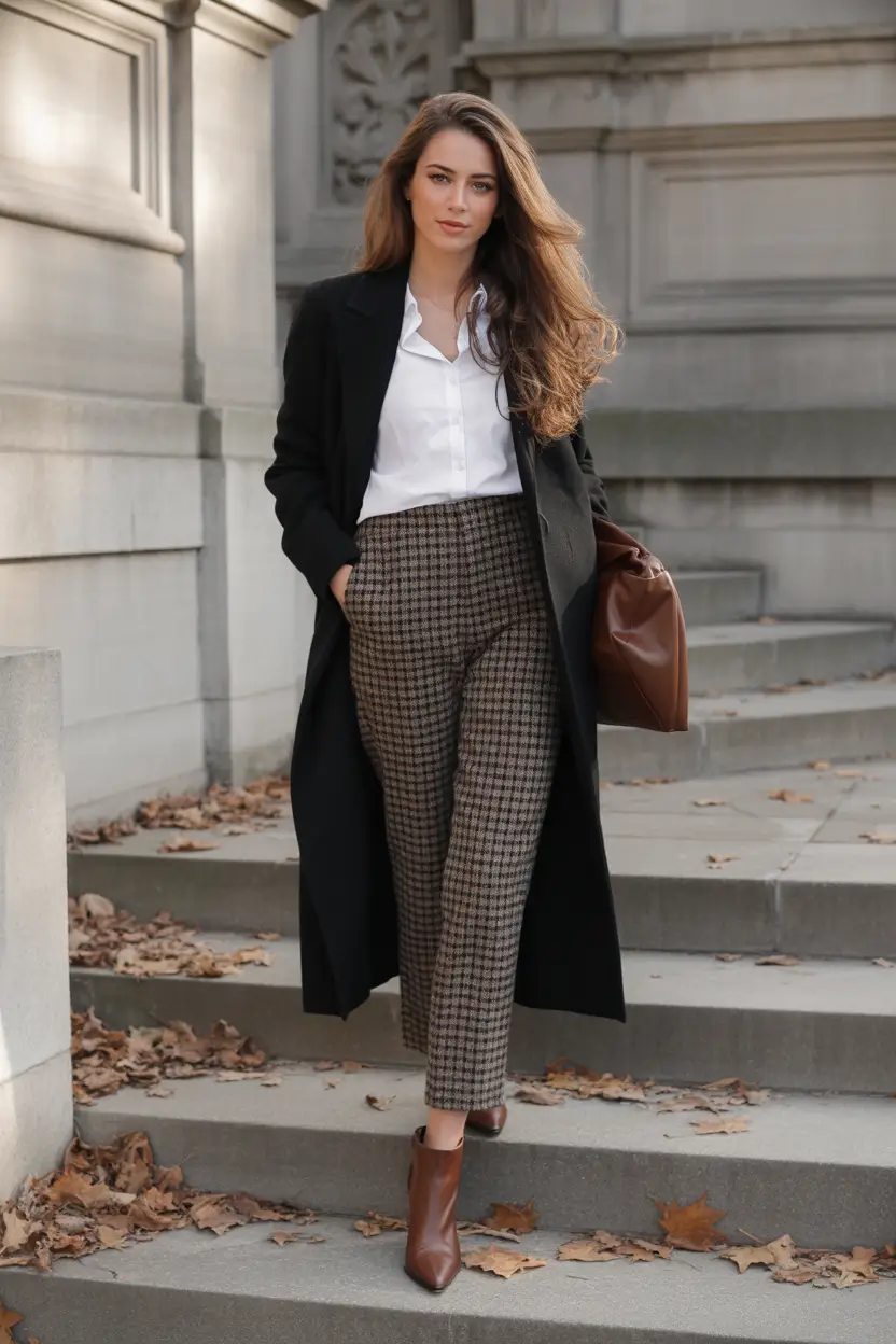 fall office outfits for women Checkered Pants with Black Coat Elegance