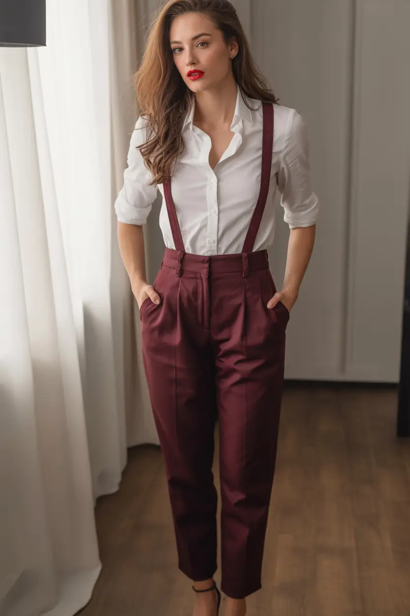 fall office outfits for women Burgundy Trousers with a Modern Twist