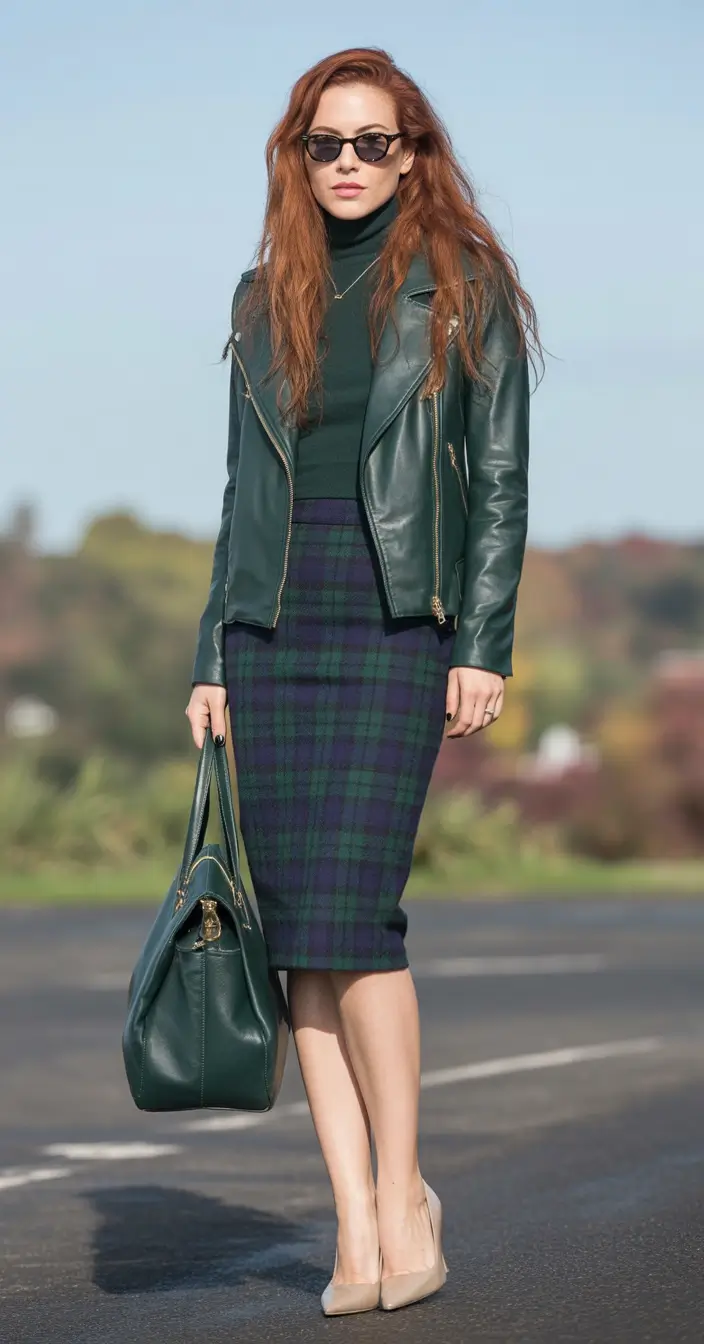 fall office outfits for women Emerald Leather and Plaid Pencil Skirt