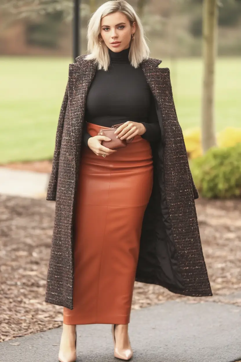 fall office outfits for women Rust Leather Skirt with Tweed Layering