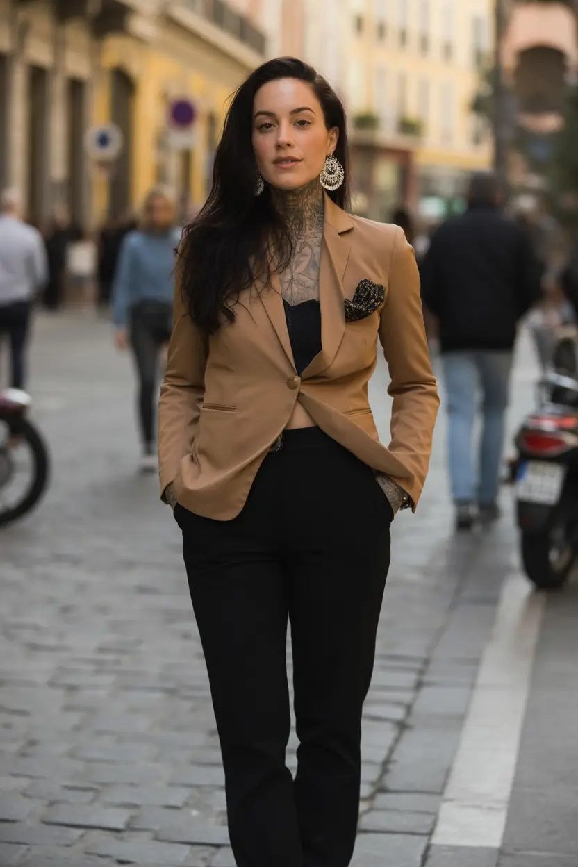 fall office outfits for women Modern Camel and Black Contrast