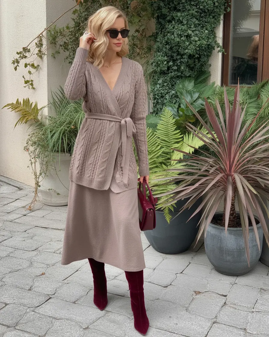 fall office outfits for women Cozy Knit Layers with Burgundy Accents