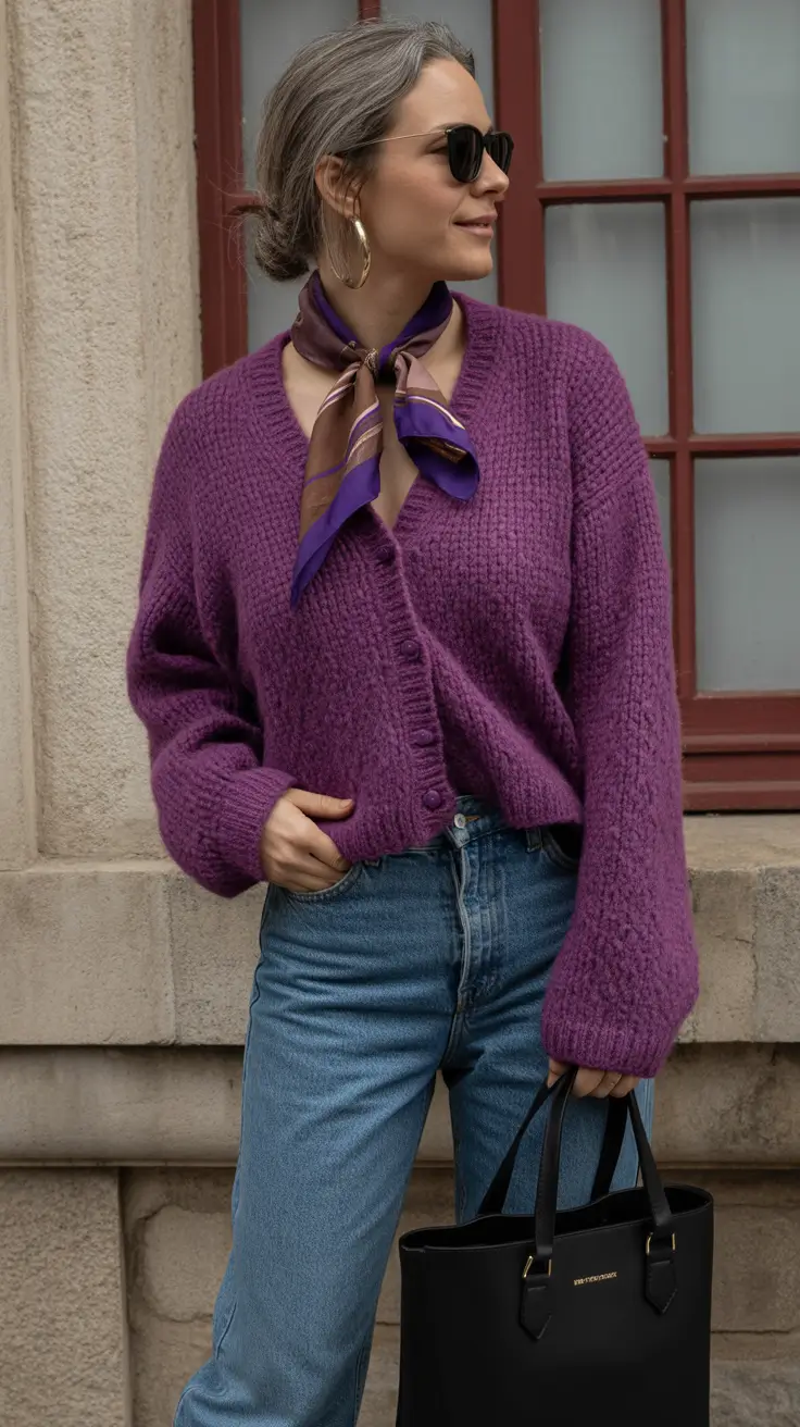 fall office outfits for women Plum Knit with Scarf Accent