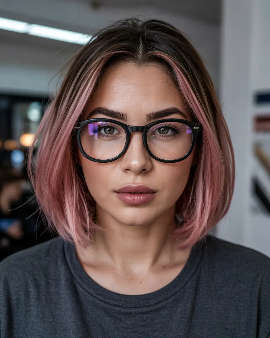 Pastel Rose Straight Bob with Glasses