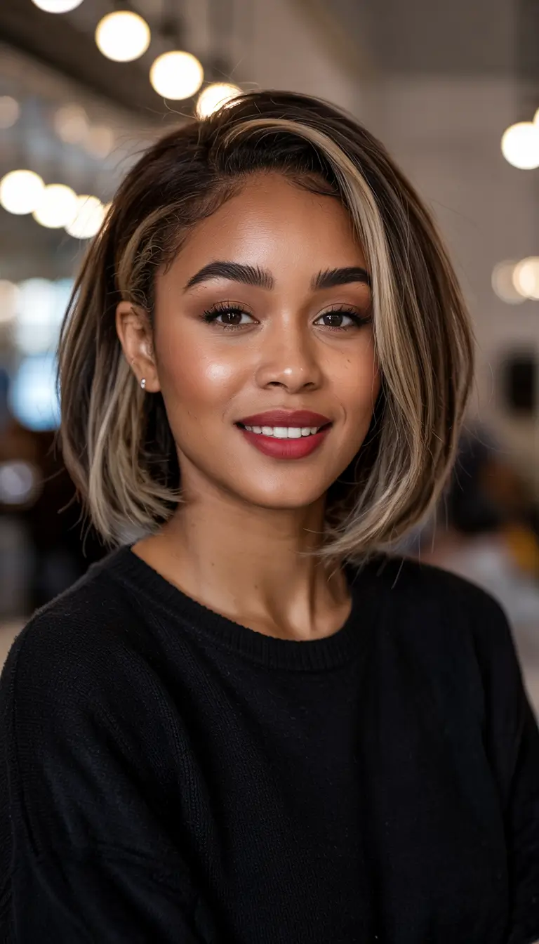 Brunette Inverted Bob with Blonde Contour Highlights