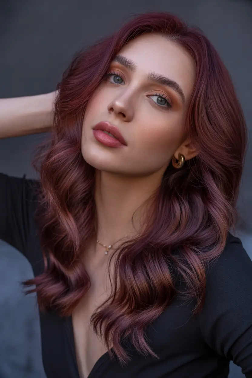 Rosy-Merlot-Waves Deep Winter Hair Colors Inspiration