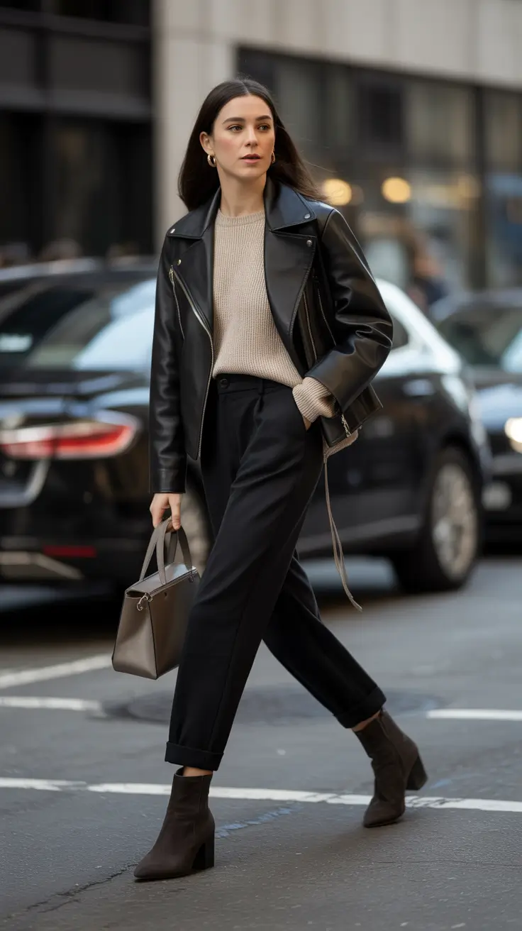 Уличный стиль для холодной погоды. Кожа и нейтральные цвета. Даунтаун Клёвый.