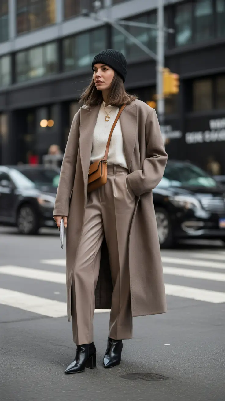 Уличный стиль для холодной погоды. Теплые серо-коричневые утра.