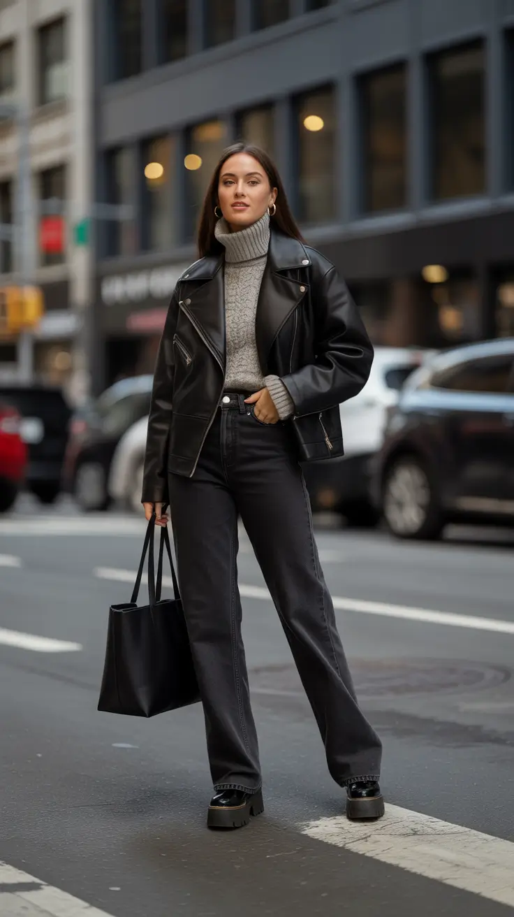 Уличный стиль для холодной погоды: классическая кожа и серые слои