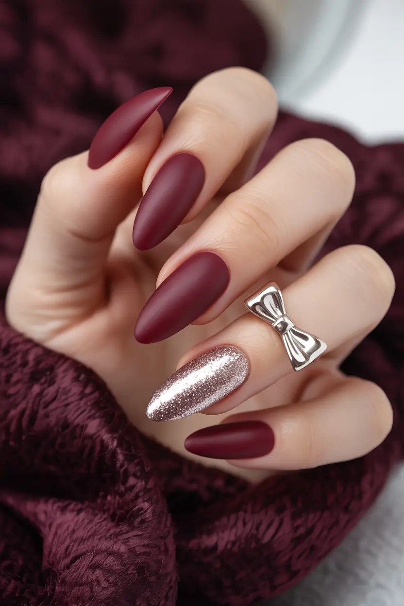Trendy Red Nails Winter 2025–2026 Matte Burgundy and Glitter Dream