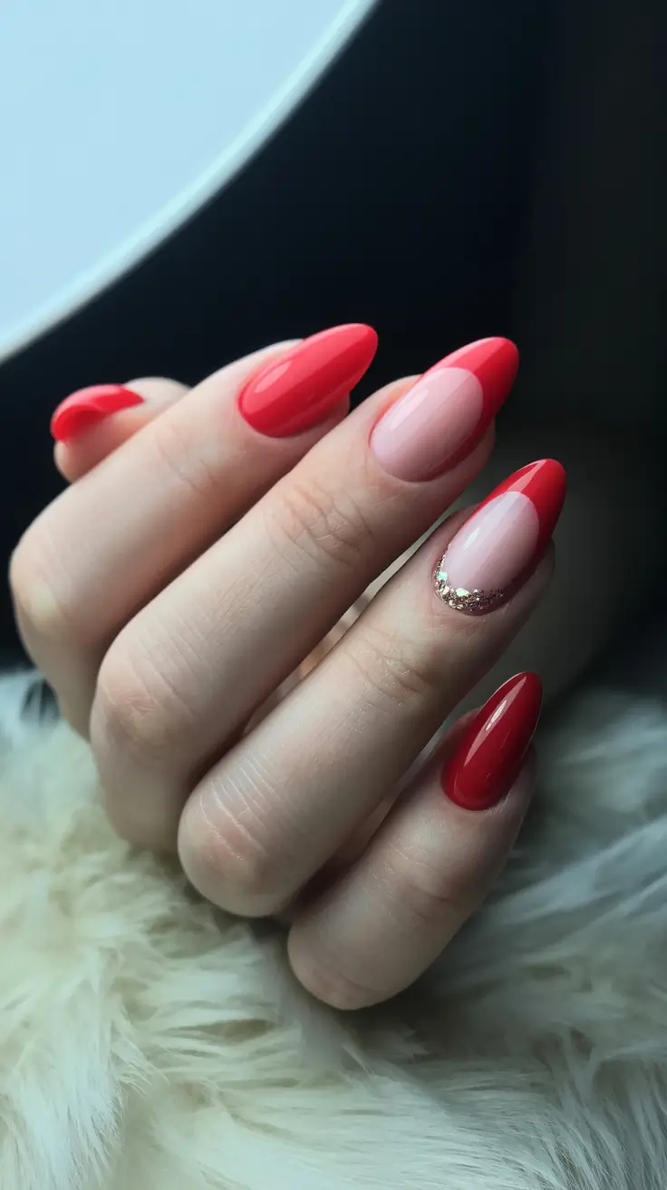 Trendy Red Nails Winter 2025–2026 Classic Scarlet with Golden Cuticle Accent