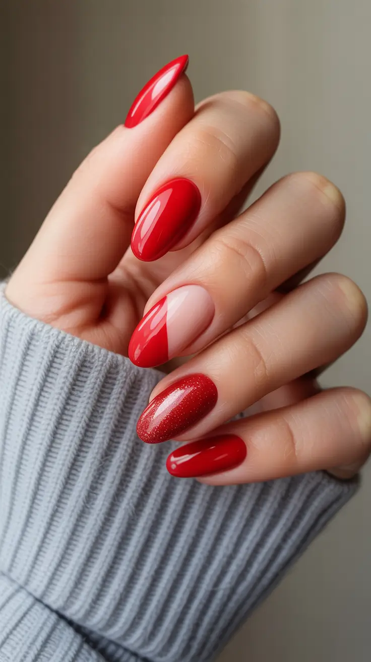 Trendy Red Nails Winter 2025–2026 Diagonal Cherry Shine