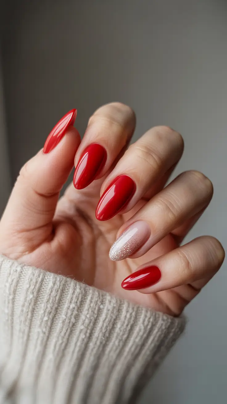 Trendy Red Nails Winter 2025–2026 Scarlet with Champagne Sparkle Accent
