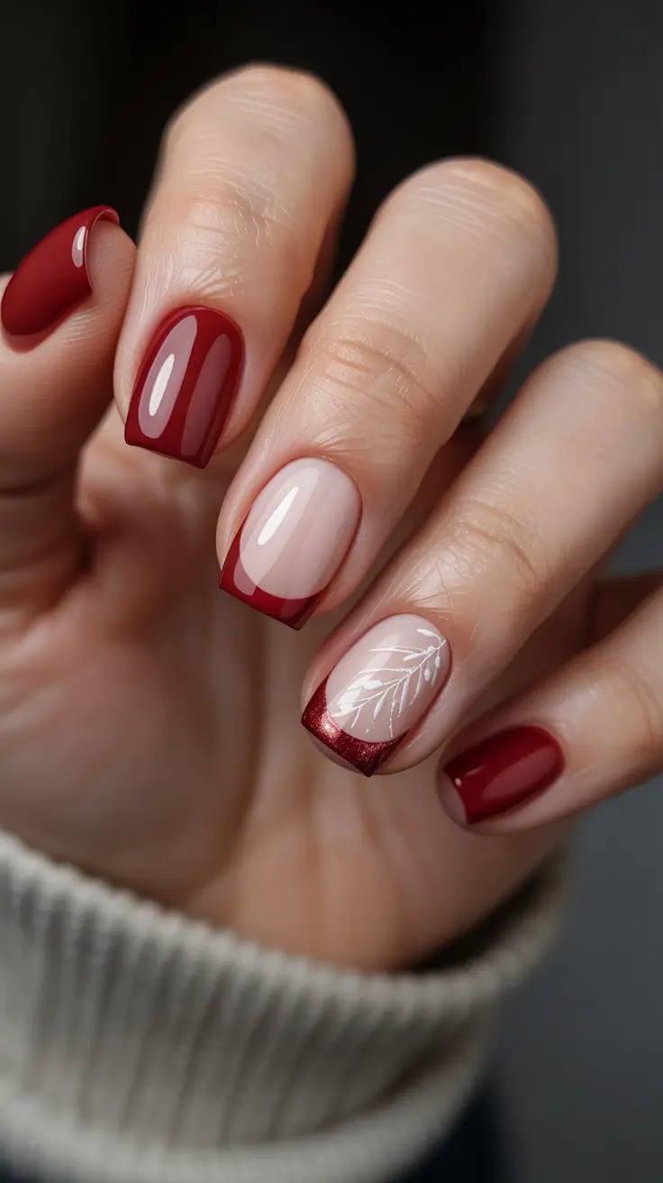 Trendy Red Nails Winter 2025–2026 Metallic French with a Leaf Accent