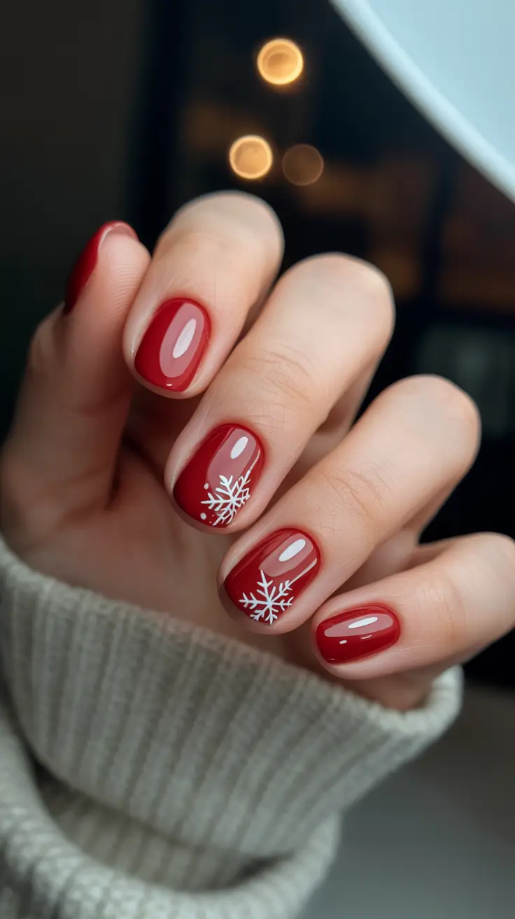 Trendy Red Nails Winter 2025–2026 Snowflake Charm on Red Velvet