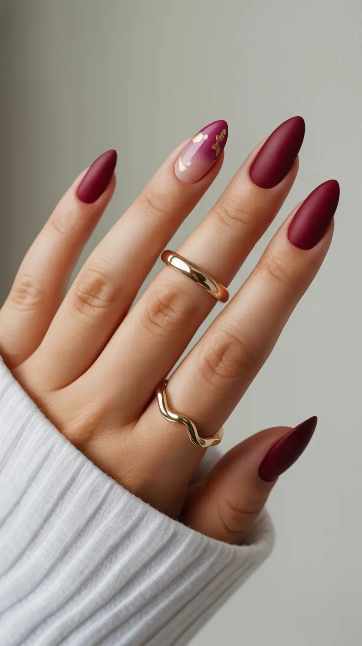 Trendy Red Nails Winter 2025–2026 Ombre Bordeaux and Gold Foil Grace