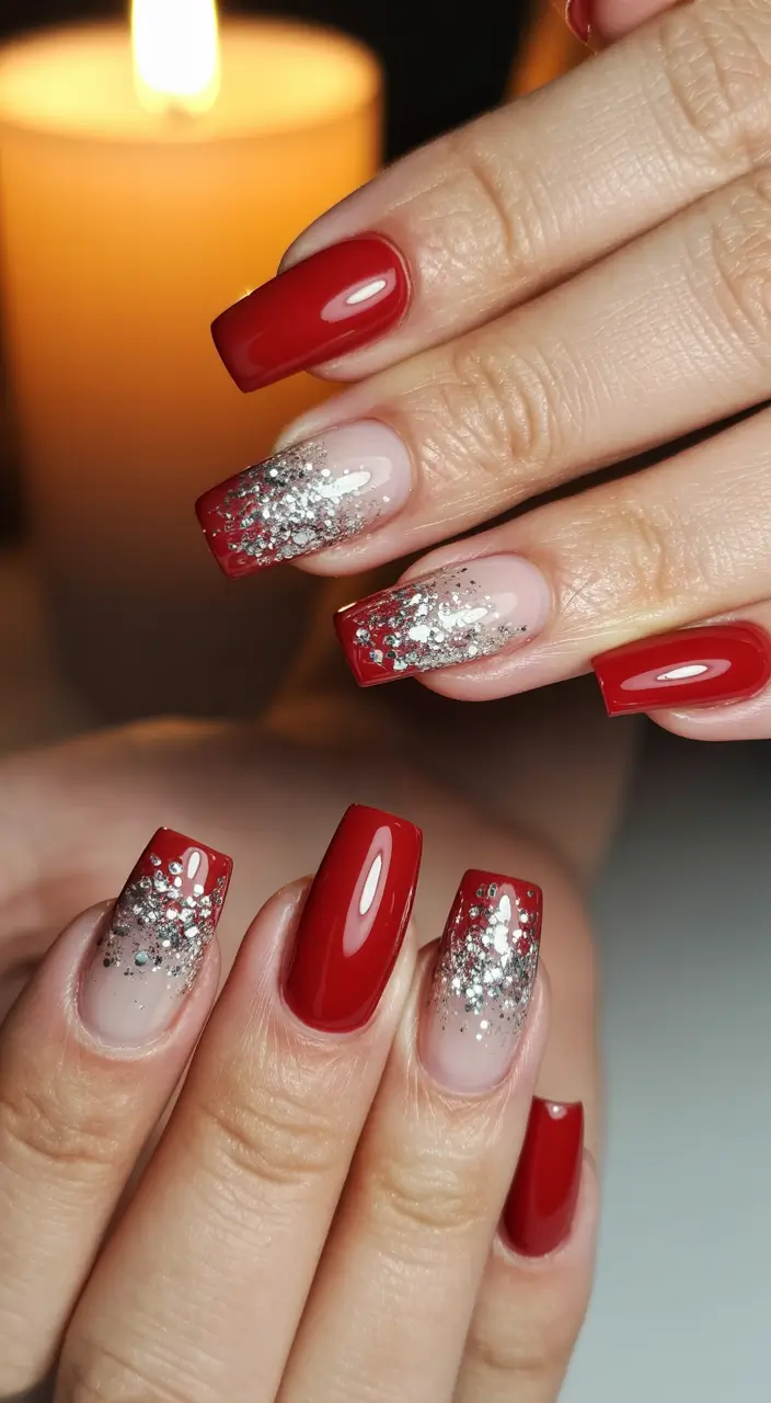 Trendy Red Nails Winter 2025–2026 Red Glitter Gradient for Winter Evenings