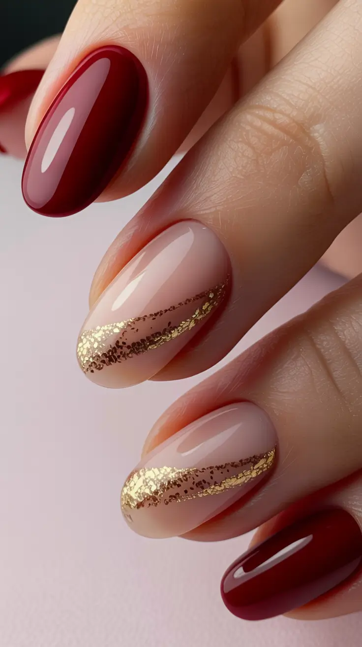 Trendy Red Nails Winter 2025–2026 Golden Ribbon Glamour on Nude Canvas