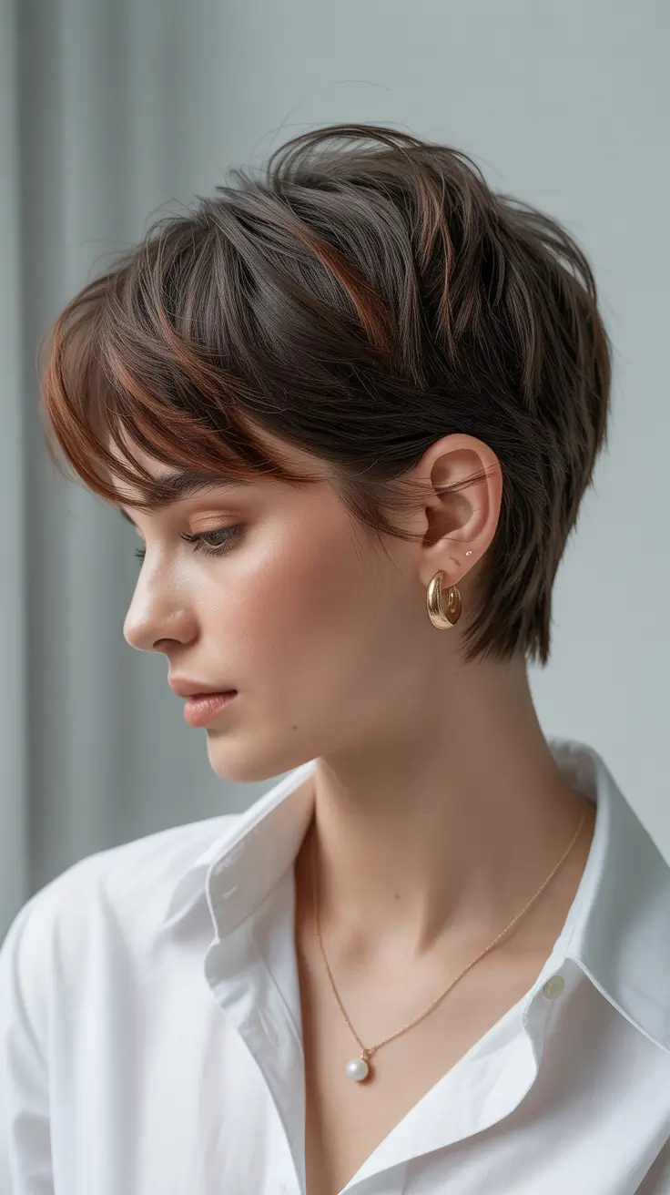 short winter haircuts 2025-2026 Soft Espresso Pixie with Wispy Bangs