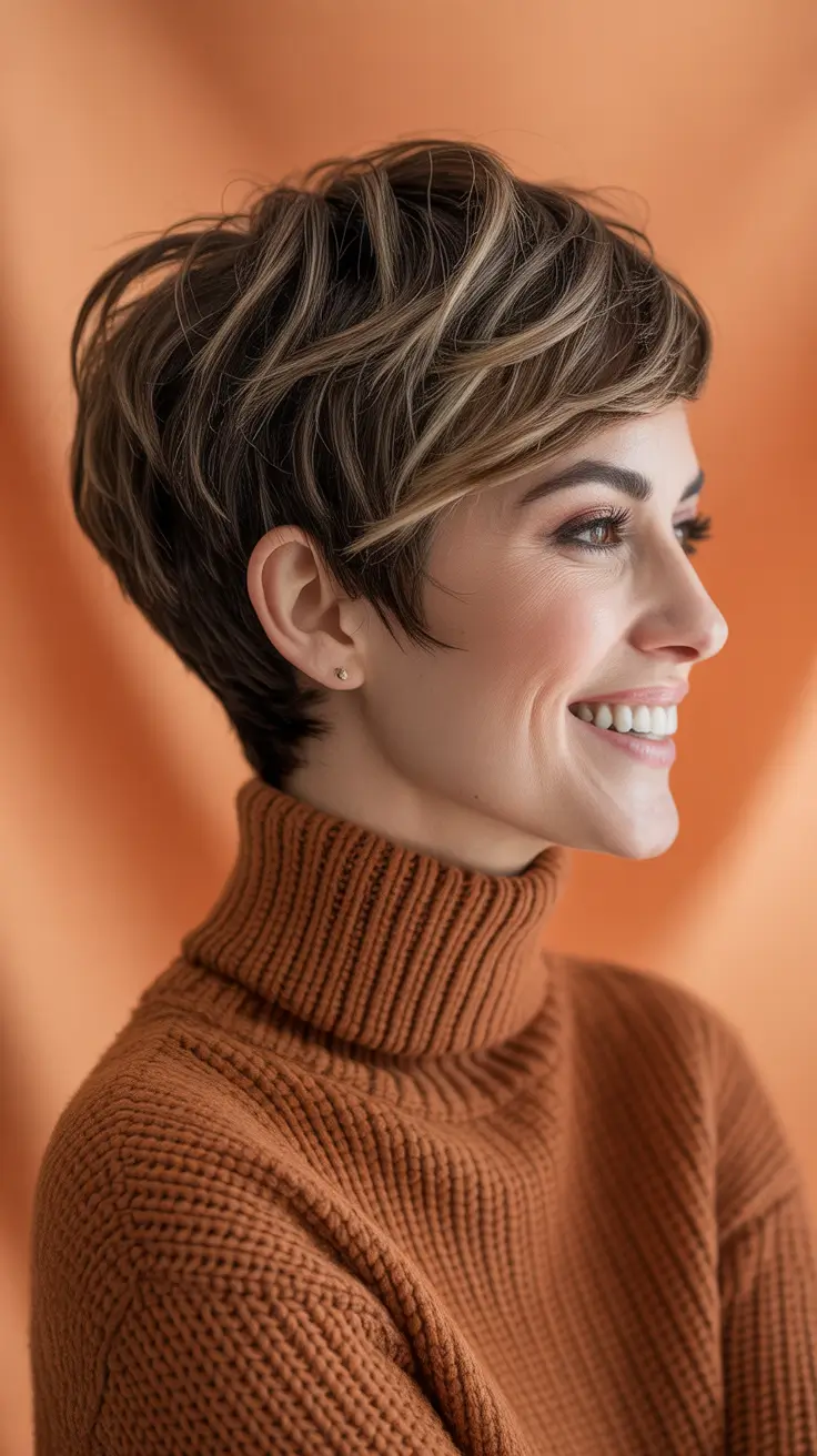 short winter haircuts 2025-2026 Warm Caramel Pixie with Subtle Highlights
