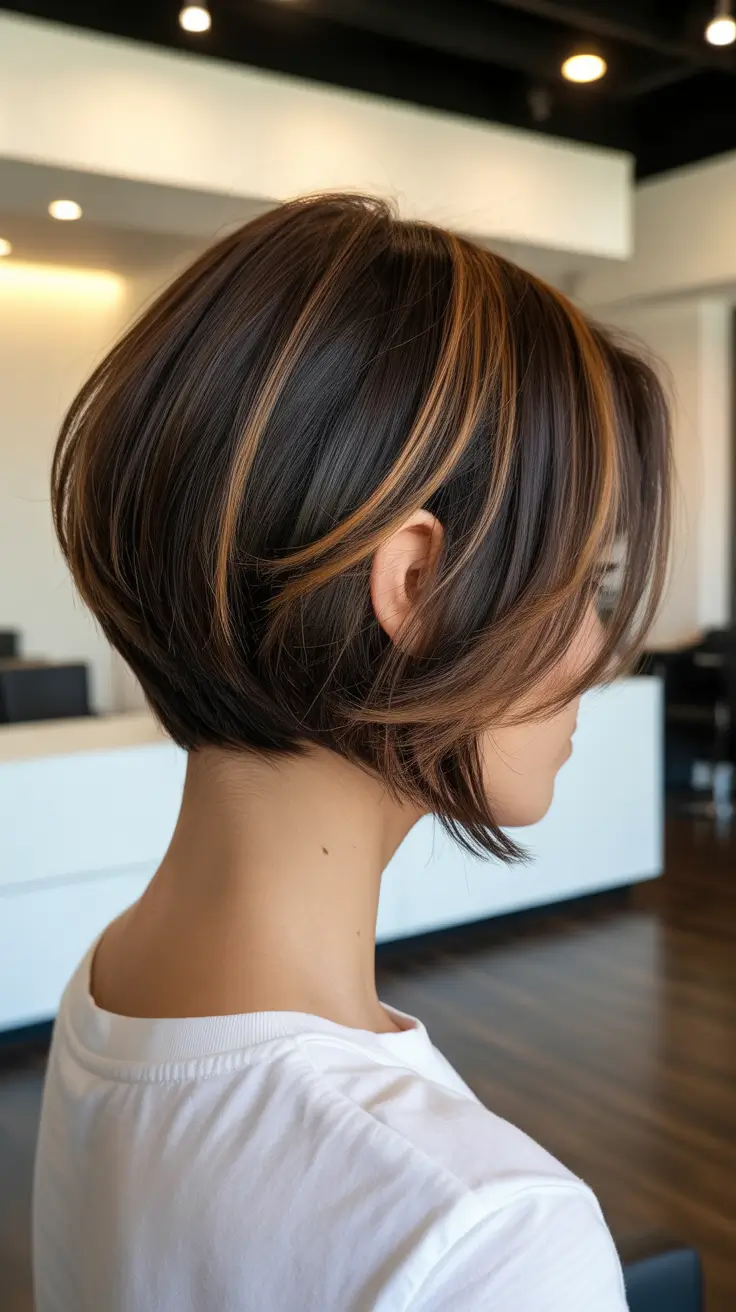 short winter haircuts 2025-2026 Layered Espresso Bob with Golden Ribbons