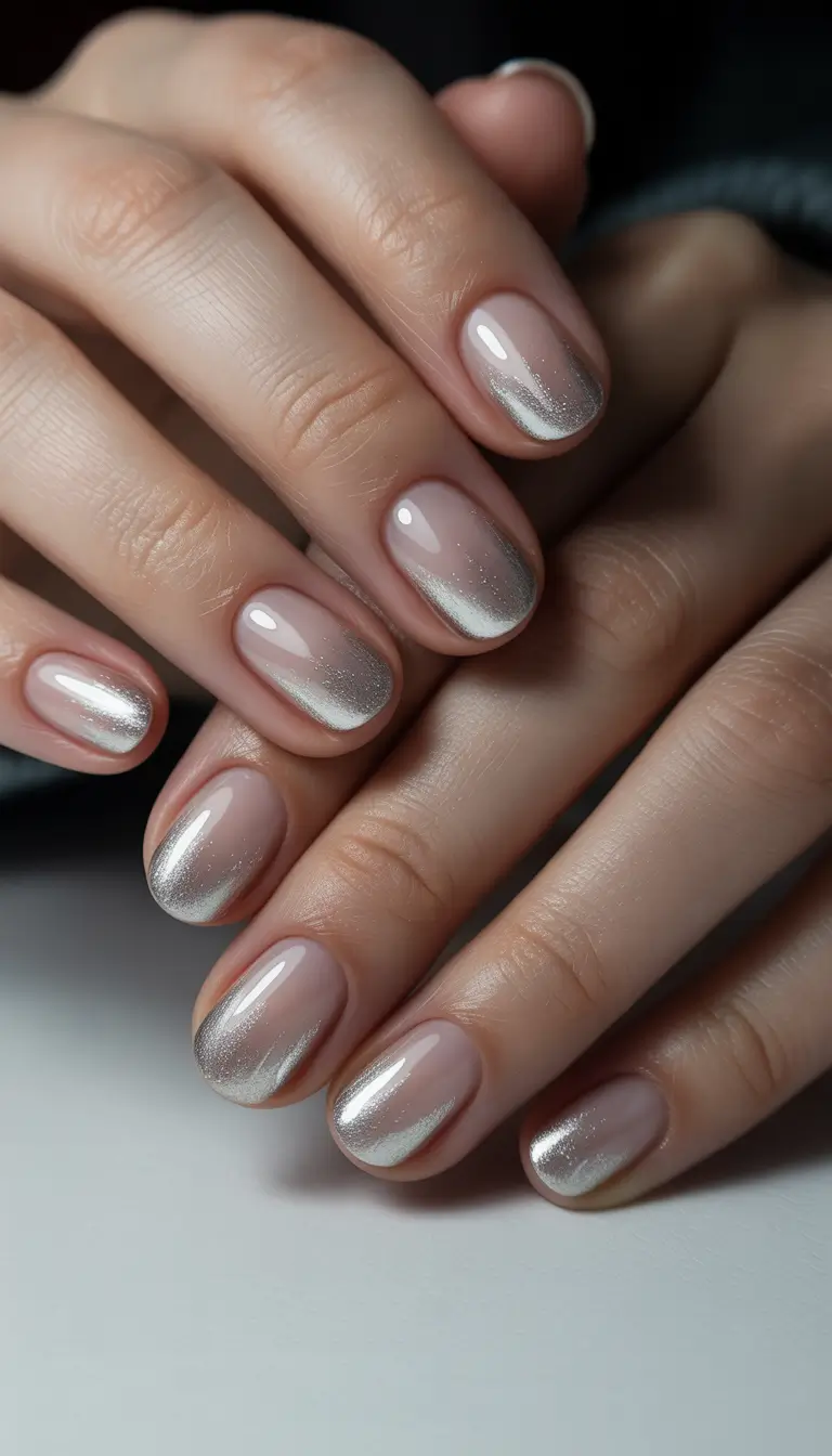 Silver Fade Glam Short Winter Nails 2025