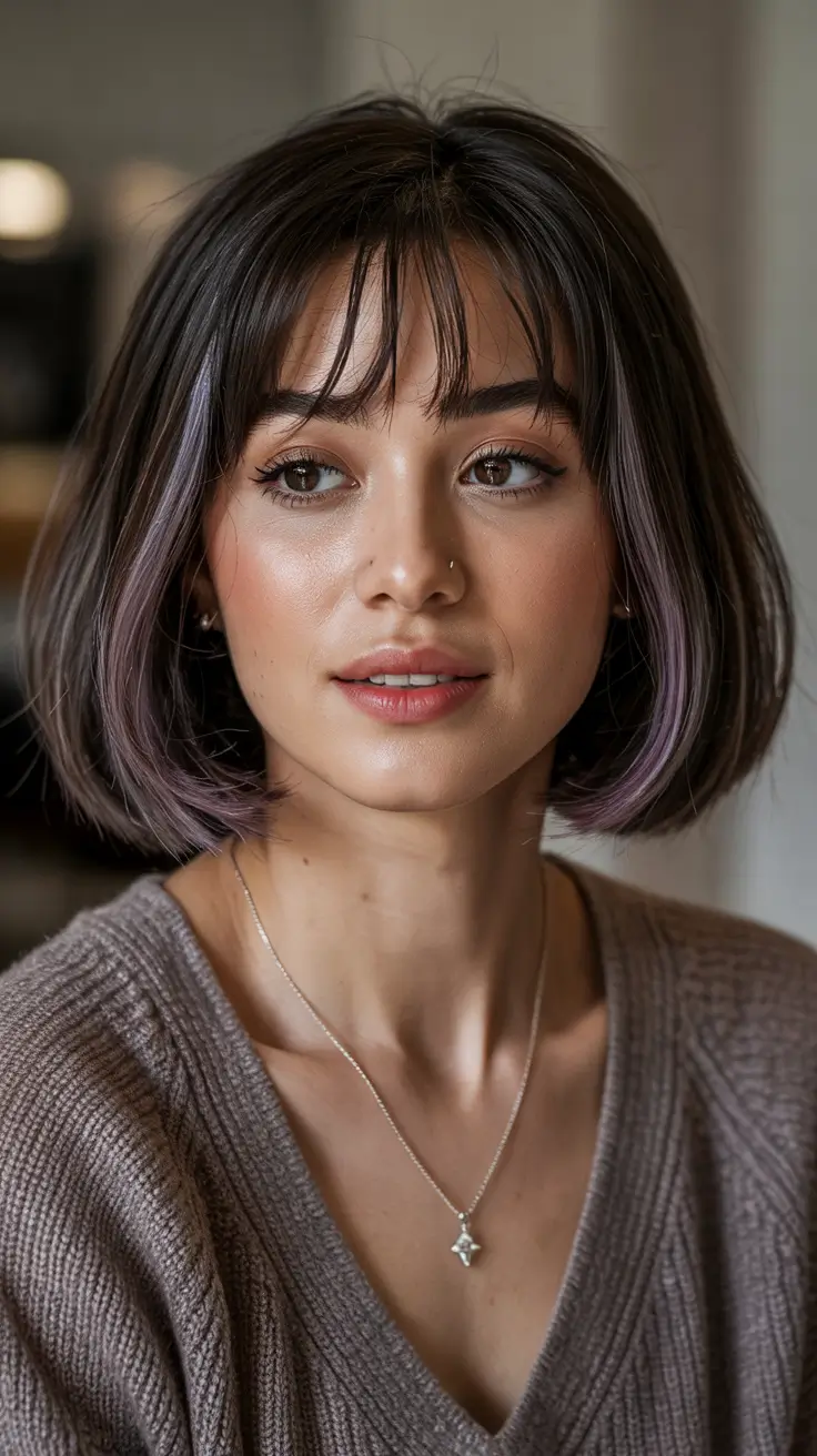Soft Bob with Lavender-Tinted Ends and Bangs Winter 2025 2026 Haircuts and Color Ideas