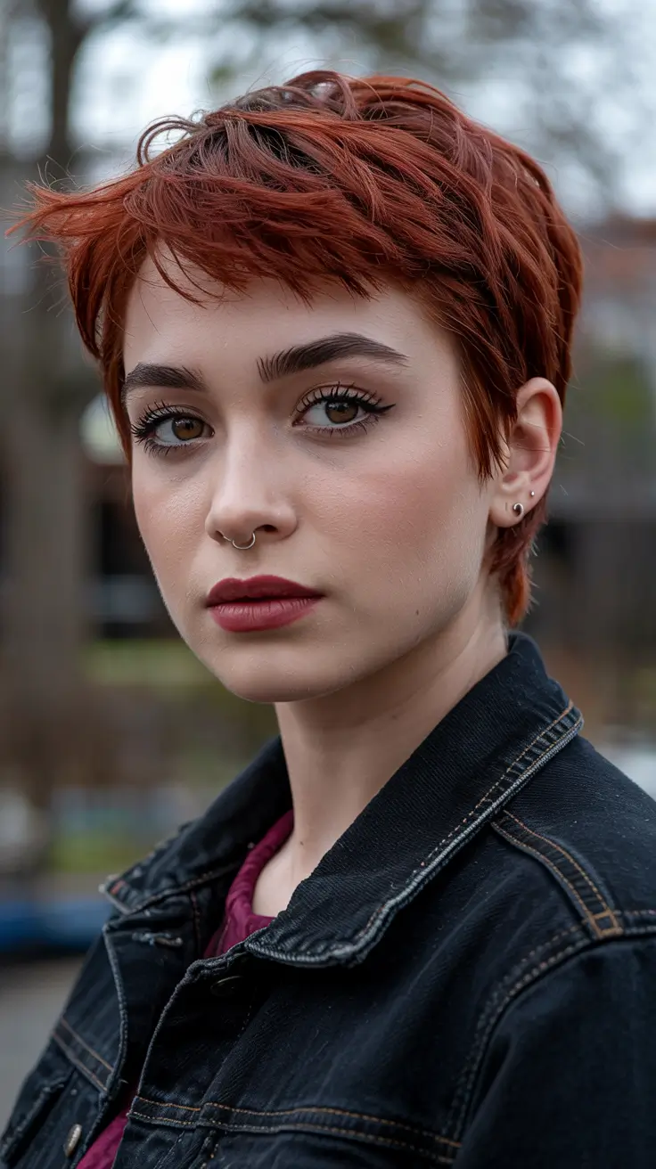 winter haircuts for round faces 2025-2026 Fiery Red Short Cut with Attitude