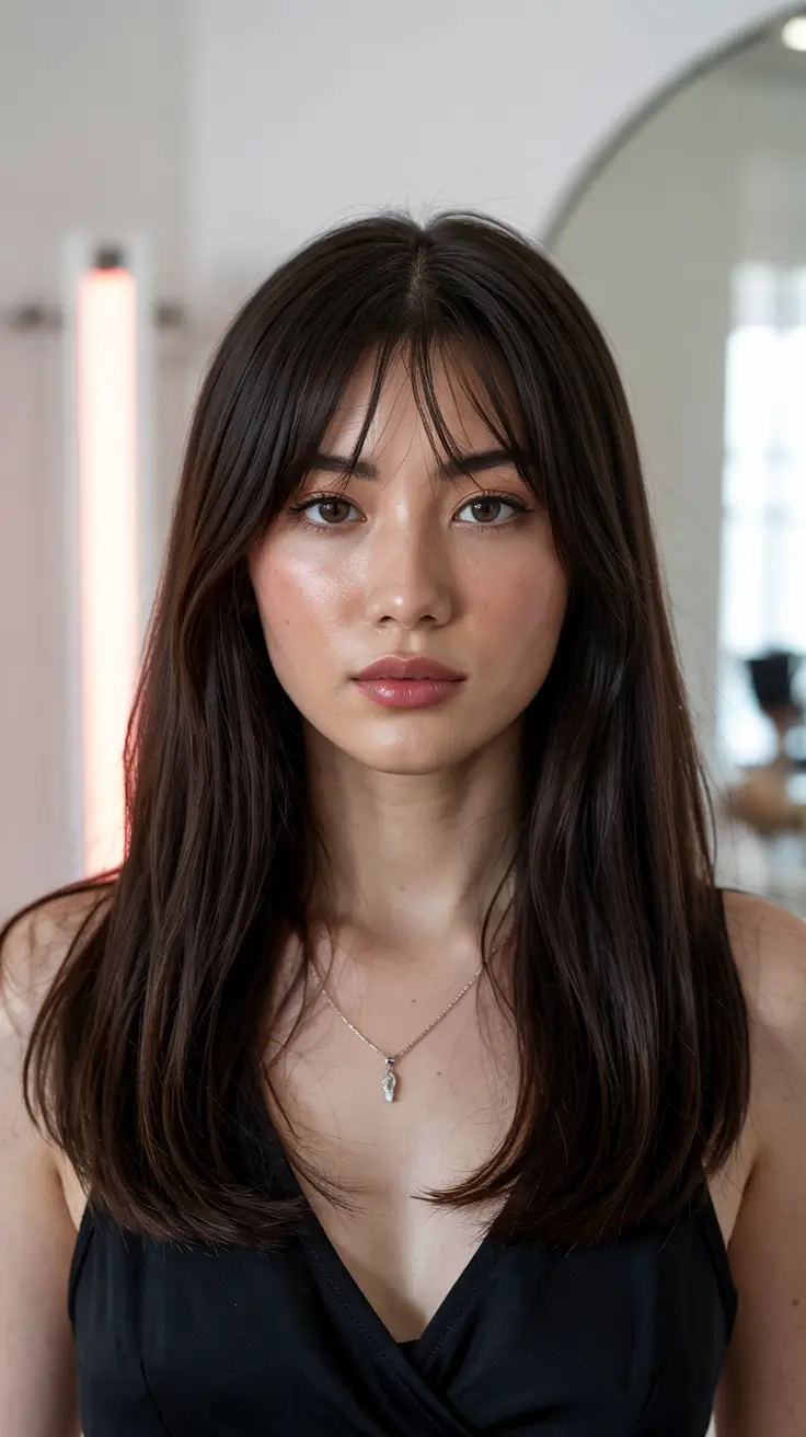 winter haircuts for round faces 2025-2026 Sleek Balance with Long Front Bangs