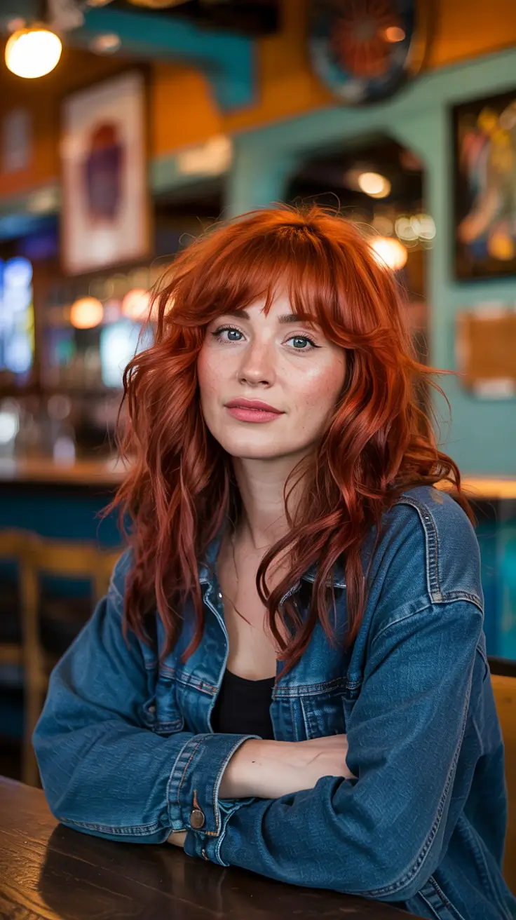 winter haircuts for round faces 2025-2026 Copper Layers with Curtain Bangs