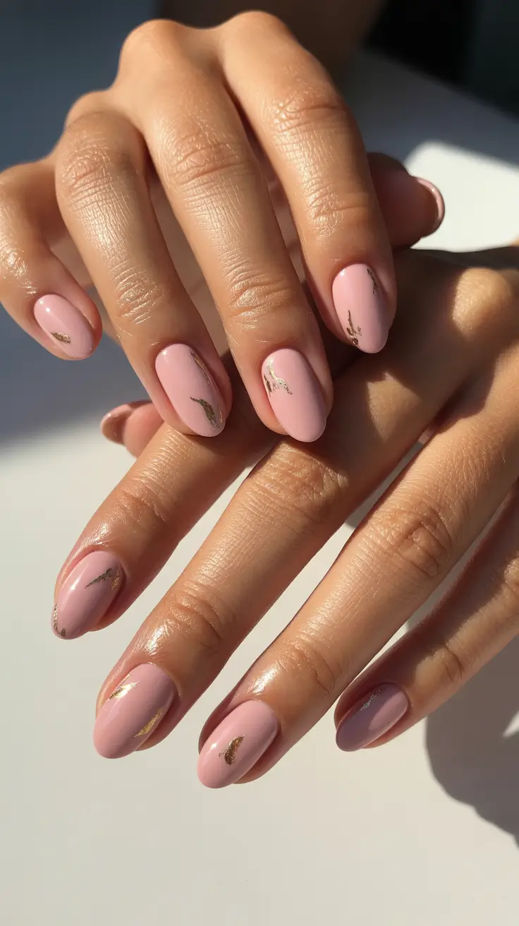 Winter Acrylic Nails Petal Pink and Gold Veins