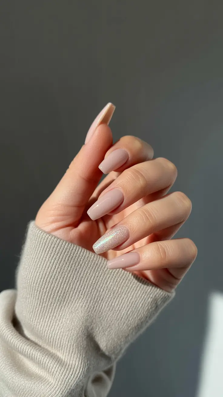 Winter Acrylic Nails Frosted Nude Sparkle