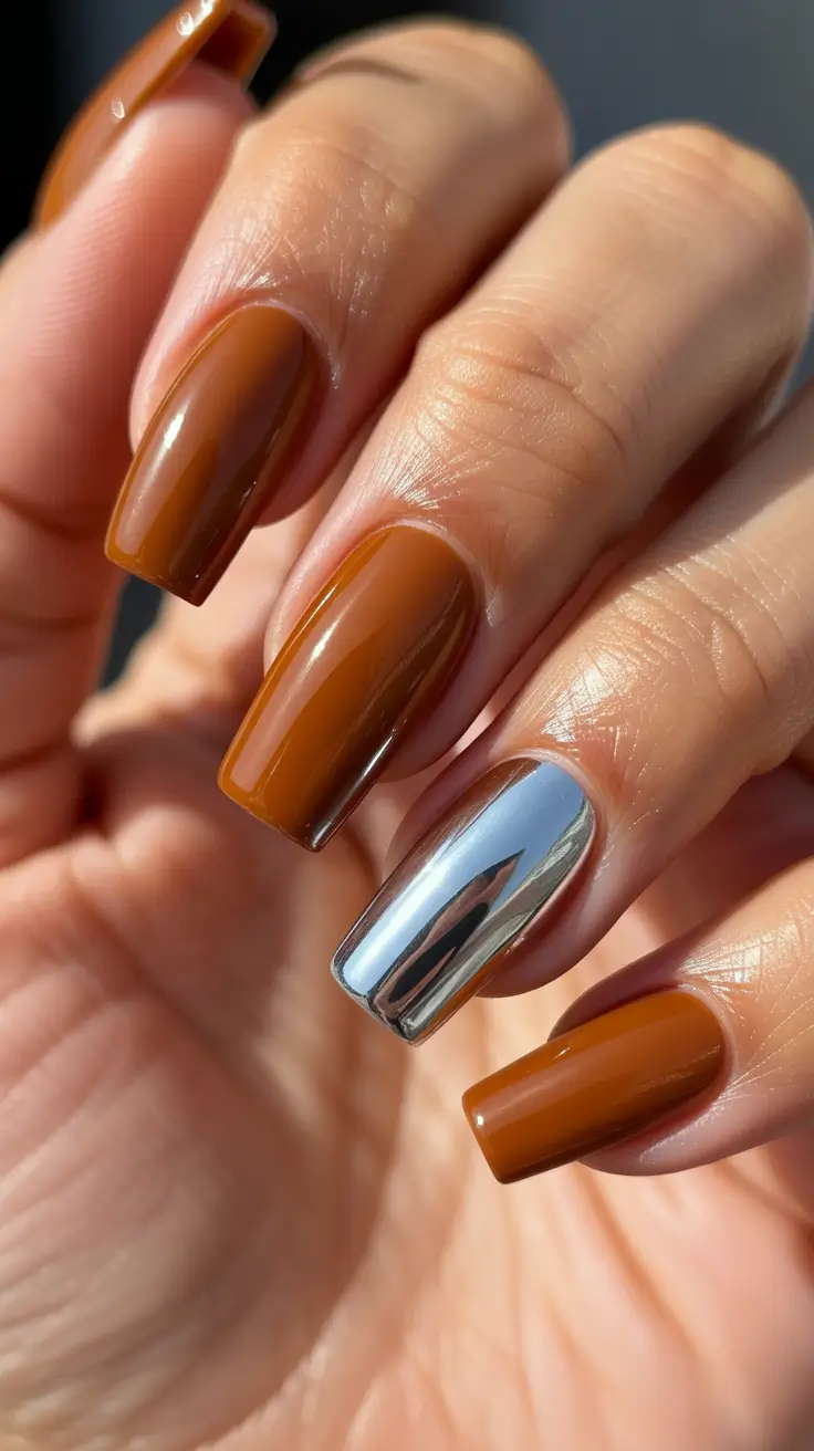 Winter Acrylic Nails Caramel Chrome Elegance