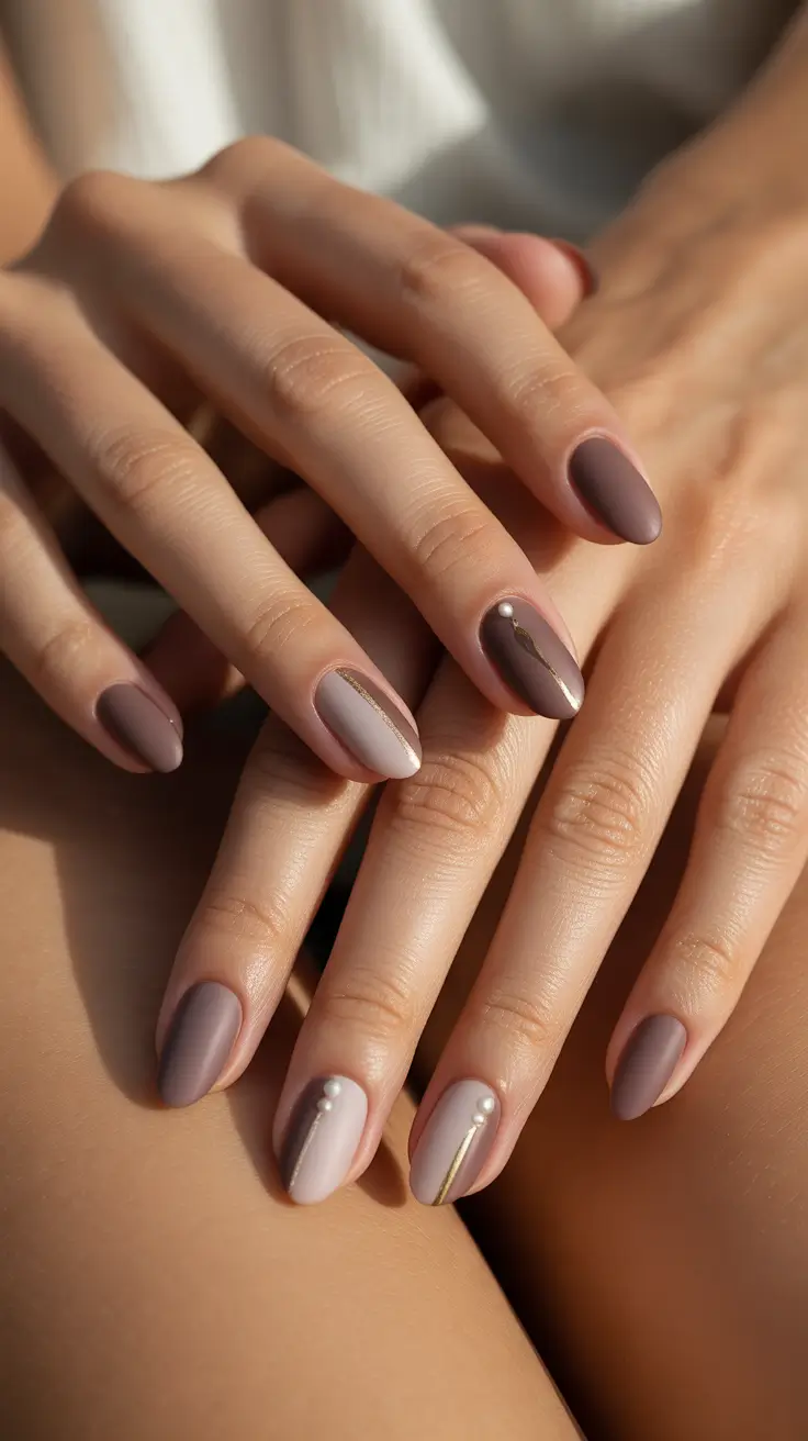 Winter Acrylic Nails Soft Mocha & Pearl Detail