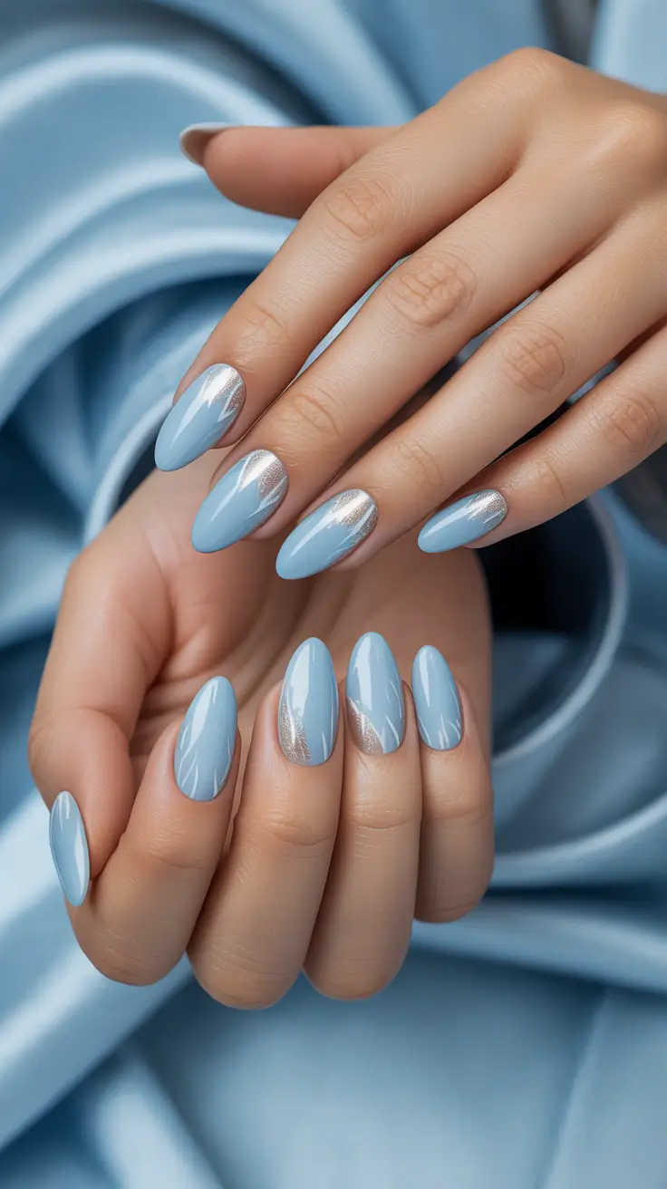 almond-nails Silver Mist and Baby Blue Blend