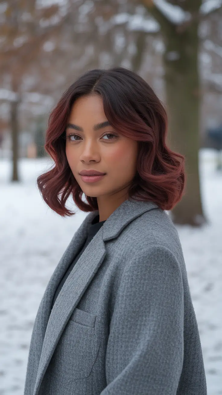 Winter 2025–2026 Hair Colors Trends Dark Skin Soft Mahogany Layers